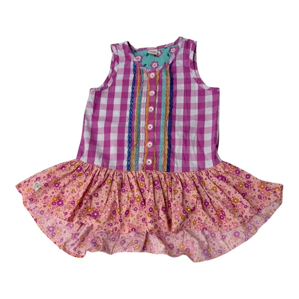 Cottagecore Wildflowers Dress Girls Size 10 Pink Gingham Floral Lace Ruffle